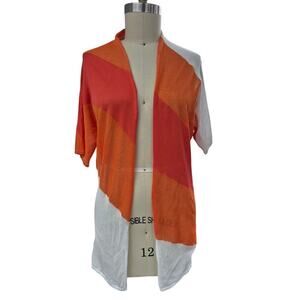 Chico's 2 Viscose Blend Light Long Open Cardigan Orange/White L/XL Color Block